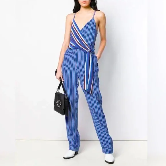 NEW Rag & Bone Felix Striped Blue Silk V Neck Jumpsuit $595 Size 0 - Picture 4 of 13